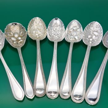 7x Berry Bowl Jam Spoons - Bead Pattern - Silver Plated / Ns Antique (#61757) 1