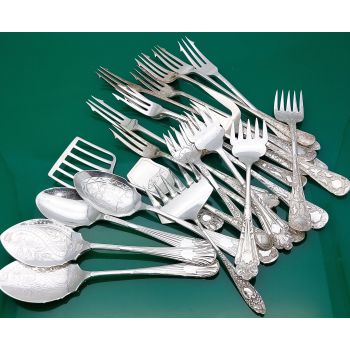 Bulk Lot Of 22 Shield Pattern Pickle Sardine Forks Jam Spoons Silver Plated (#61759) 1