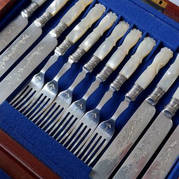 Carved Mother Of Pearl Handle Dessert Cutlery Set Silver Plated Antique (#61774) 1