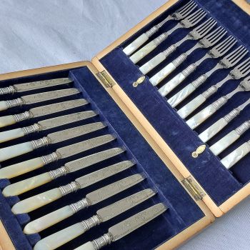 Mother Of Pearl Handled 22 Piece Silver Plated Fruit Dessert Cutlery Set Antique (#61775) 1