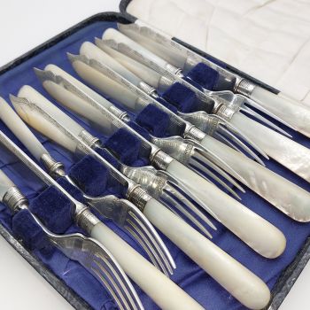 Mother Of Pearl Handle Fish Cutlery Set Silver Plated Hutton 1926 #2 (a/f) (#61778) 1