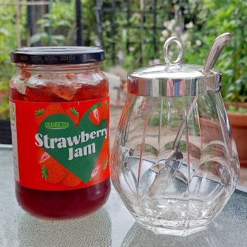 Cut Glass & Silver Plated Jam Jar With Spoon - Wm Hutton Sheffield Vintage (#61779) 1