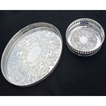 Vintage Wine Bottle Coaster & Small Waiter Tray - Silver Plated (#61833) 1