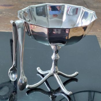 Art Deco Silver Plated Pedestal Sugar Bowl & Tongs Gladwin Sheffield (#61840) 1