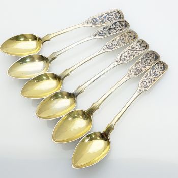 Set Of 6 Russian Silver Gilt Niello Teaspoons 1861 Antique Mikhail Dimitriyev (#61848) 1