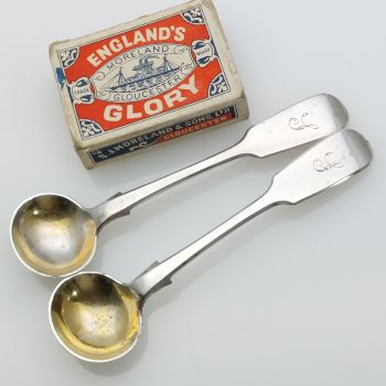 Initial 's' Pair Of Fiddle Pattern Salt Spoons Sterling Silver 1863 Antique (#61850) 1