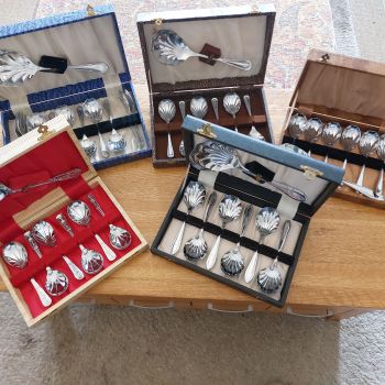 5x Cased Sets Of 7 Fruit Spoons & Servers Chrome Plated - Vintage (#61870) 1
