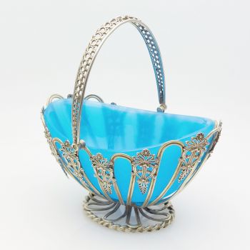 Ornate Antique Sugar Basket With Pale Blue Glass Liner Silver Plated (#61895) 1