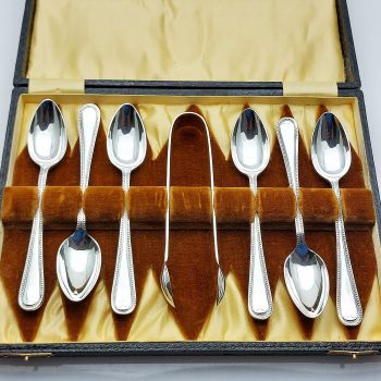Cased Old English Bead Coffee Spoons & Tongs Set Silver Plated Epns Vintage (#61917) 1
