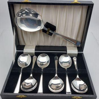 Vintage Cased Fruit Pudding Spoons & Server Set Epns Sheffield Silver Plated (#61918) 1