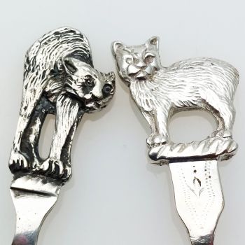 Manx Cat & Heckled Cat Caddy Spoons - Silver Plated - Antique (#61933) 1