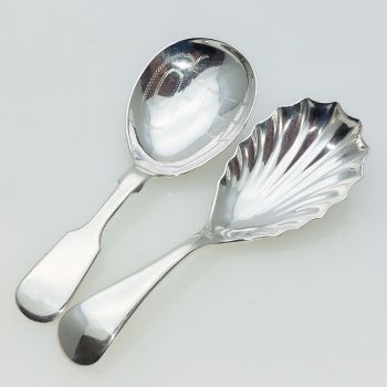 2x Caddy Spoons -  Fiddle Coffee + Oe Shell Bowl Silver Plated Epns - Antique (#61941) 1