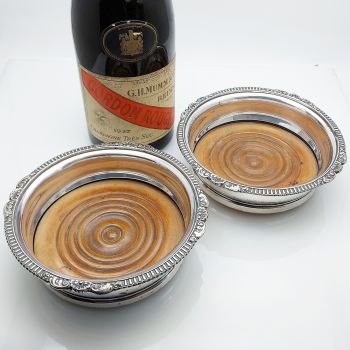 Antique Pair Of Wine Bottle Coasters - Silver Plated On Copper (#61967) 1