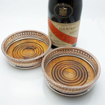Pair Of Silver On Copper Wine Bottle Coasters - Silver Plated - Vintage (#61968) 1