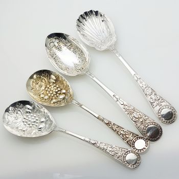 4x Venetian Pattern Repousse Berry Bowl Serving Spoons Silver Plated Epns (#61984) 1