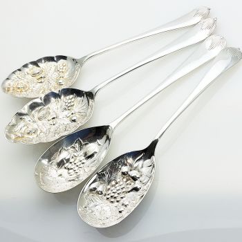 4x Queen Anne Pattern Repousse Berry Bowl Serving Spoons Silver Plated Epns (#61985) 1