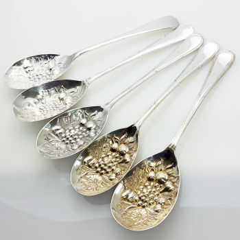 5x Reed & Ribbon Repousse Berry Bowl Serving Spoons Silver Plated Epns (#61986) 1
