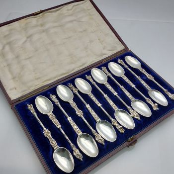 Antique Cased Set Of 12 Apostle Spoons - Cast Silver Probably Hanau White Metal (#99468) 1