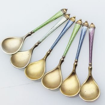 Guilloche Enamel Sterling Silver Caviar Spoons David-andersen Antique (#99499) 1