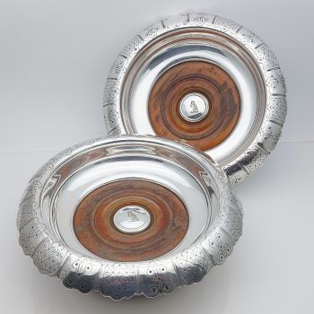 Splendid Pair Elkington 1859 Wine Bottle Coasters Silver Plated Odlum Crest (#99520) 1