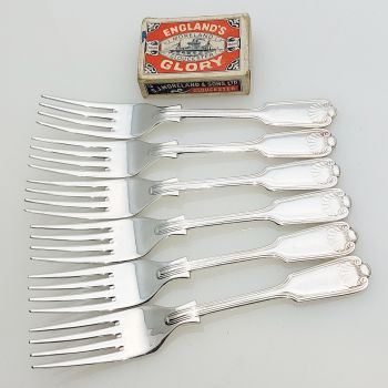 Fiddle Thread Shell Set Of 6 Pudding Fruit Forks Epns A1 Sheffield Silver Plated (#99531) 1