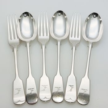 Fiddle Pattern Crested Dessert Spoons & Forks Hutton Silver Plated Antique (#99533) 1
