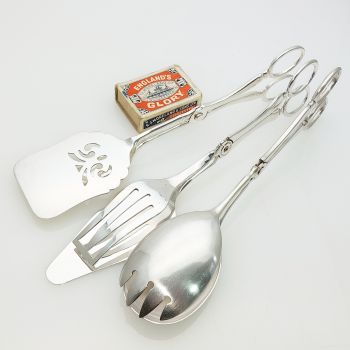 3x Scissor Action Salad & Sandwich / Cake Servers - Silver Plated - Vintage (#99534) 1