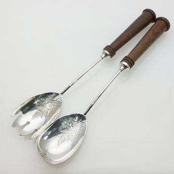 Pair Of Victorian Silver Plated & Wood Handle Salad Servers Antique (#99554) 1