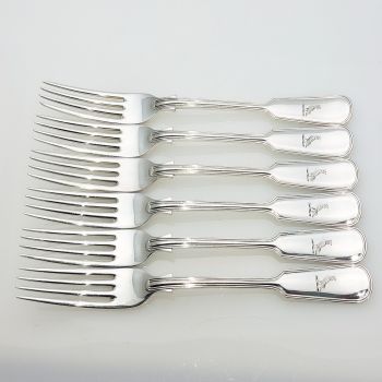 Odlum Crest Set Of 6 Fiddle Thread Dinner Forks Silver Plated Antique (#99566) 1