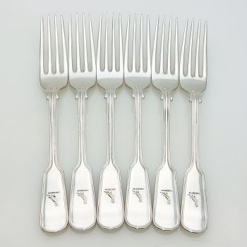 Odlum Crest Set Of 6 Fiddle Thread Dessert Forks Silver Plated Antique (#99567) 1