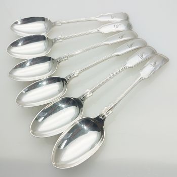 Odlum Crest Set Of 6 Fiddle Thread Dessert Spoons Silver Plated Antique (#99568) 1