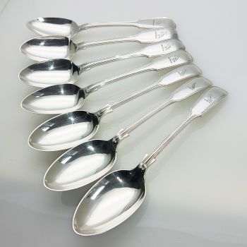 Odlum Crest Set Of 7 Fiddle Thread Dessert Spoons Silver Plated Antique (#99569) 1