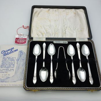 Angora Orange Blossom Pattern Spoons & Tongs Silver Plated Epns Cased Set (#99586) 1