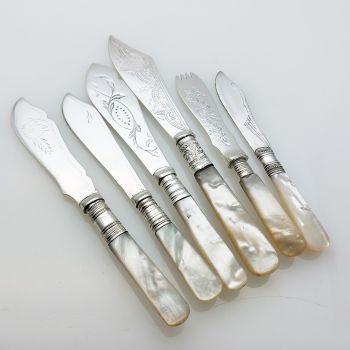 6x Mother Of Pearl Handle Butter Spreads & Pick Silver Plated Epns Antique (#99593) 1
