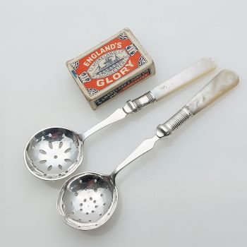 2x Mother Of Pearl Handle Sifting Straining Ladles Silver Plated Antique Epns (#99594) 1