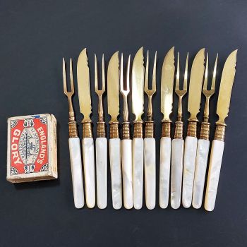Mother Of Pearl Handled Gold Plated Date Fruit Cutlery Set Antique (#99637) 1