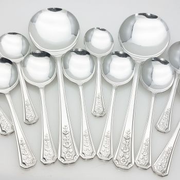 Vintage 10x Pudding Spoons & 2x Servers Floral Pattern 1954 Silver Plated Epns (#99644) 1