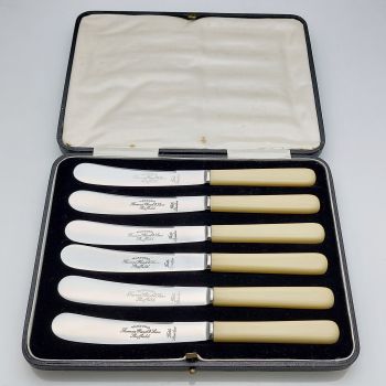Fine Faux Bone Handled Tea Knives Cased Wardonia Sheffield Steel Cutlery Vintage (#99645) 1