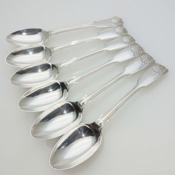 Fiddle Thread Shell - Set Of 6 Dessert Spoons Silver Plated Antique (#99676) 1