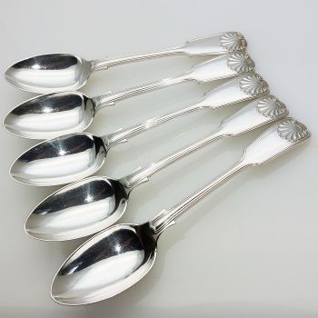 Fiddle Thread Shell - Set Of 5 Dessert Spoons Silver Plated Antique (#99677) 1