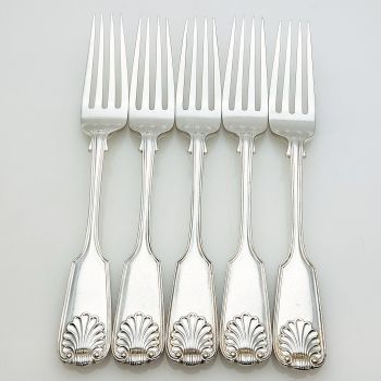 Fiddle Thread Shell - Set Of 5 Dinner Forks Silver Plated Antique (#99680) 1