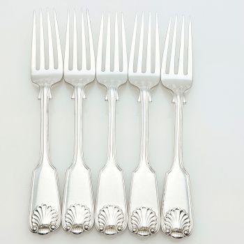 Fiddle Thread Shell - Set Of 5 Side / Dessert Forks Silver Plated Antique (#99681) 1