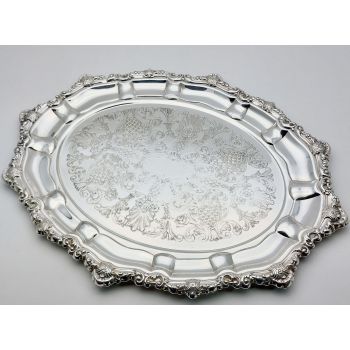 Ornate Silver Plated Chased Serving Platter Tray - Vintage (#99686) 1