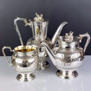Beautiful Victorian Egyptian Revival Spinx Tea & Coffee Pot Set Silver Plated (#99697) 1