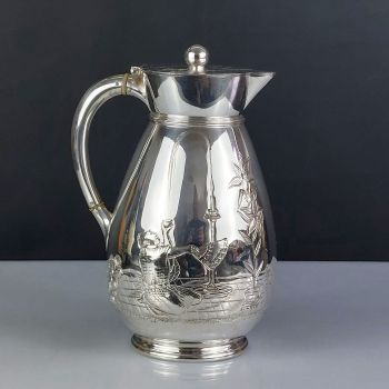 Superb Japanesque Enlightened Man & Crane Jug - Silver Plated 1875 Antique (#99699) 1
