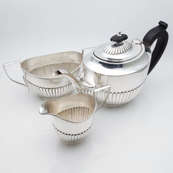 Fine 3 Piece Semi Fluted Bachelor Tea Service Set - Silver Plated - Antique (#99707) 1