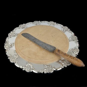 Antique Silver Plated Ornate Bread Board With Sycamore Liner (#99721) 1