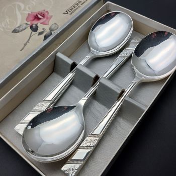 Viners Silver Rose Set Of 6 Soup Spoons Original Box Plated Vintage (#99723) 1