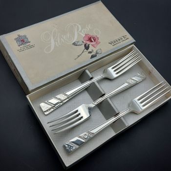 Viners Silver Rose Set Of 6 Dinner Forks Original Box Plated Vintage (#99725) 1