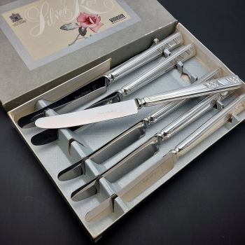 Viners Silver Rose Set Of 6 Dinner Knives Original Box Plated Vintage (#99726) 1